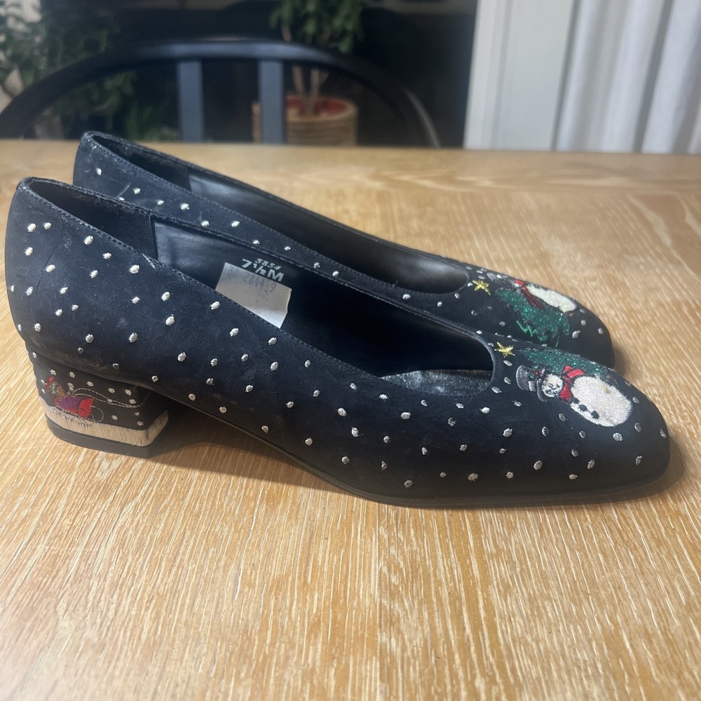 VTG J. Renee Shoes Christmas Snowman Snow Tree Black‎ Heel Velvet 7.5